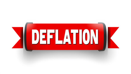 Deflation word. Deflation label. Red label with the word "DEFLATION," placed against a white backdrop. For financial, economic, and business themes.