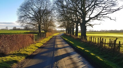 Fototapeta premium A quiet country road with sunlight casting long shadows from the trees.