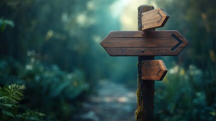 Wooden signpost in a serene forest guiding hikers along various trails during the early morning light