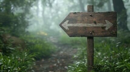 Wooden directional sign in a misty forest guides hikers on nature trails during early morning light