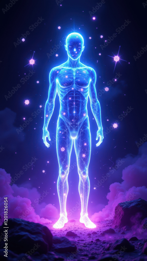 Poster an ai-generated artwork depicting a humanoid figure with illuminated internal structures set against