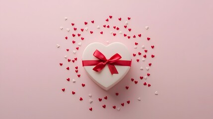 Heart-Shaped Gift Box with Red Ribbon on Pastel Pink Background