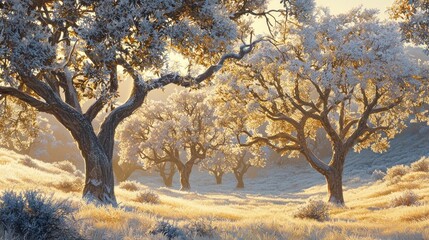 Fototapeta premium Sunlit frost-covered trees in a winter landscape.