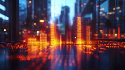 Obraz premium Vibrant digital city skyline with glowing data visualizations during twilight hours