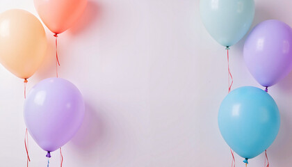 Colorful balloons in pastel shades on a soft background with copy space