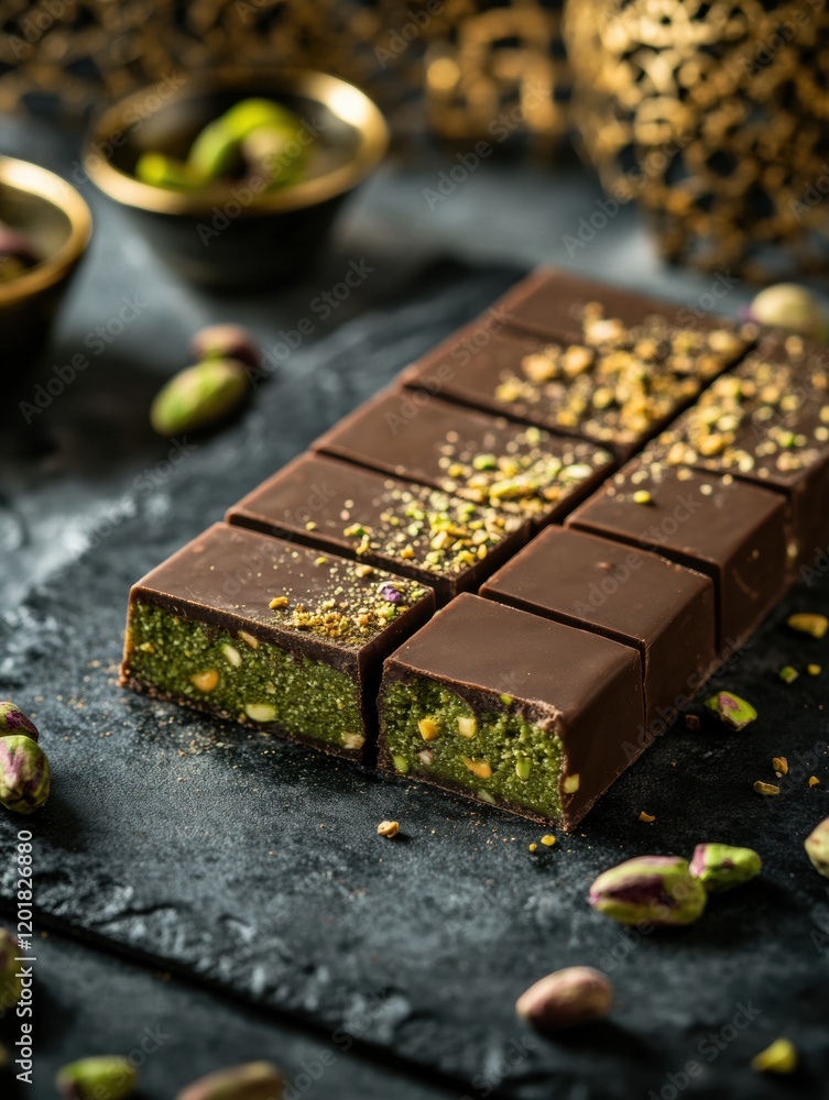 Poster chocolate bar filled with savory pistachio paste set against a dark stone surface adorned with nuts.