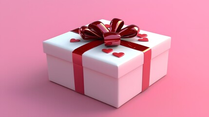 Obraz premium Elegant Valentine's Day Gift Box with Red Bow and Heart Embellishments on Pastel Pink Background