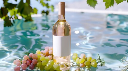 Fototapeta premium A serene scene featuring a wine bottle surrounded by colorful grapes in a tranquil pool setting