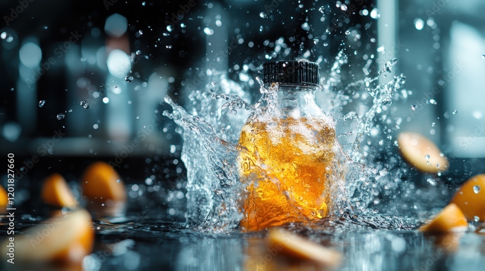 Poster an amber liquid bottle causing dynamic splashes, surrounded by citrus slices, creating a refreshing 