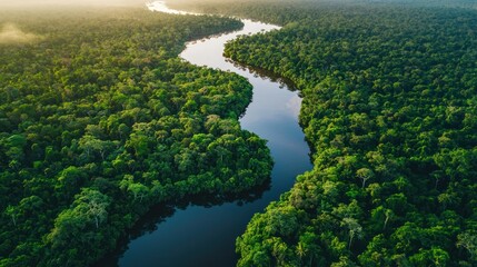 Aerial view of a winding river flowing through a lush green rainforest.