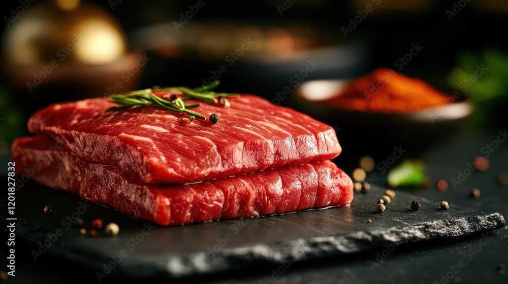 Poster two fresh slices of meat are artfully arranged on a dark slate, accompanied by rosemary and assorted