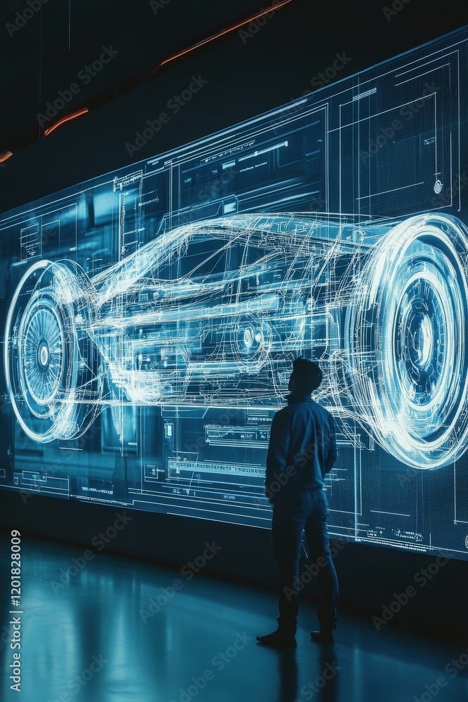 Poster a dynamic shot of a futuristic vehicle design blueprint displayed on a large digital screen