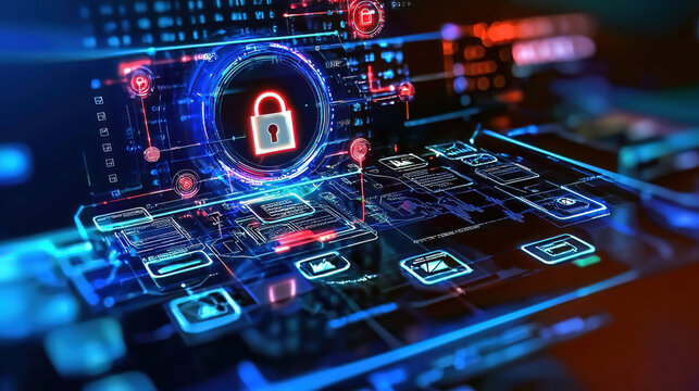 Zero-trust networking enforces security. Access is granted through strict policies. Futuristic Cyber Security Interface with Lock Icon Technology