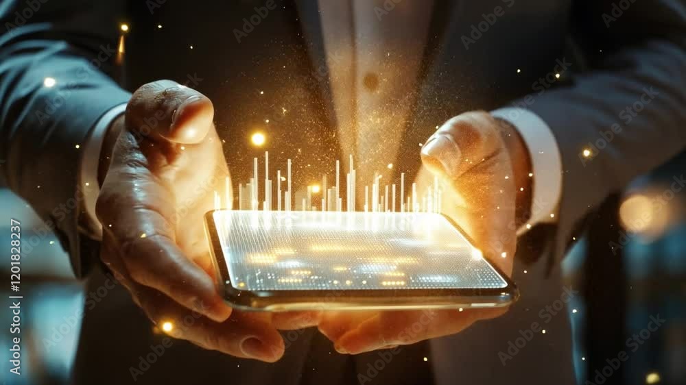 Aufkleber data at your fingertips: a businessman holds a smartphone, its screen glowing with a holographic vis