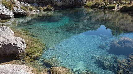A shallow lagoon with crystal-clear water reflecting a bright blue sky.