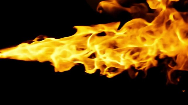 Slow motion speed close up scene on burning stream pattern as background. hot as inferno flame, abstract beautiful fire texture, black smoke from petroleum oil ignition, flamethrower injection