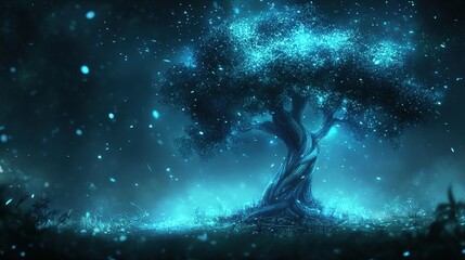 Glowing blue tree in dark fantasy forest.