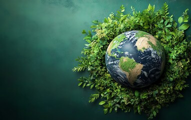 Fototapeta premium mother earth day concept, globe surrounded by greenery, ecofriendly earth, sustainable environment, generative AI earth illustration, environmental conservation, nature protection