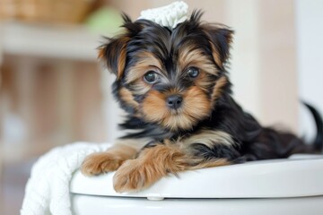 Small yorkshire terrier puppy resting on a toilet seat wearing a cute white accessory