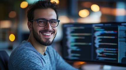 smiling male Full Stack Developer looks into the camera, blurry background, concept: Skilled workers, shortage of skilled workers, recruiting, 16:9