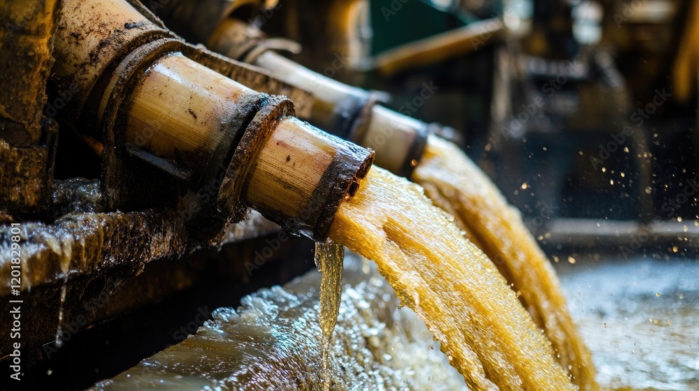 Poster a sugarcane juice extractor in action, squeezing juice into a collection tank.