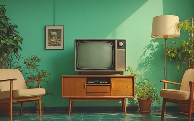 vintage television in a TV room, painted wall backdrop, retro interior design, oldfashioned TV set, nostalgic home decor, vintage living space, classic TV style