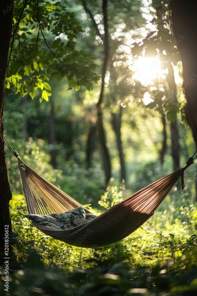 Poster a dynamic shot of a hammock gently swinging in a forest, with dappled sunlight filtering through the