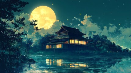 Fototapeta premium Nighttime Temple Scene Reflected on Water Under a Large Full Moon Lit by Fireflies