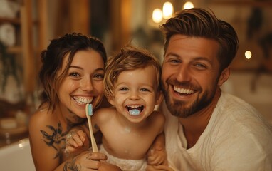 Happy family brushing teeth in bathroom