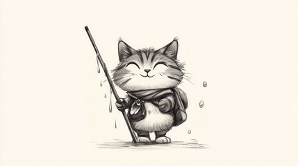 Obraz premium Happy cat hiker, backpack, staff, rain, adventure, illustration, white background, digital art