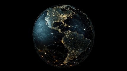 Digital globe with connected trade routes, global network, world trade. 