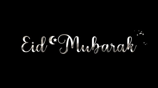 Animated of Silver Eid Mubarak text with crescent moon, star, silver splatter suitable for festive designs, greeting cards, social media posts, and presentations. 4k alpha channel