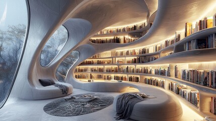 Fototapeta premium Modern, organic library interior with curved bookshelves and seating.