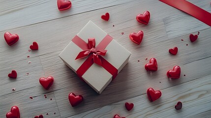 Romantic February 14th Gift Box with Scattered Red Hearts on Rustic Wooden Surface