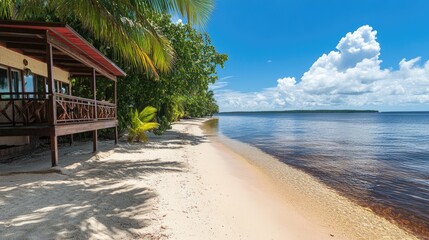 A tropical beach with crystal-clear waters under a sunny blue sky.