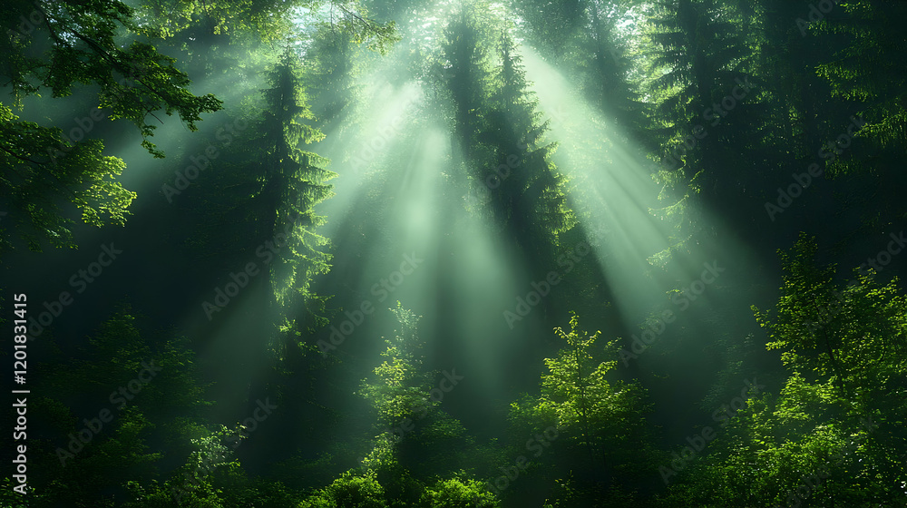 Poster sunbeams filtering through lush green forest, creating a mystical and serene atmosphere