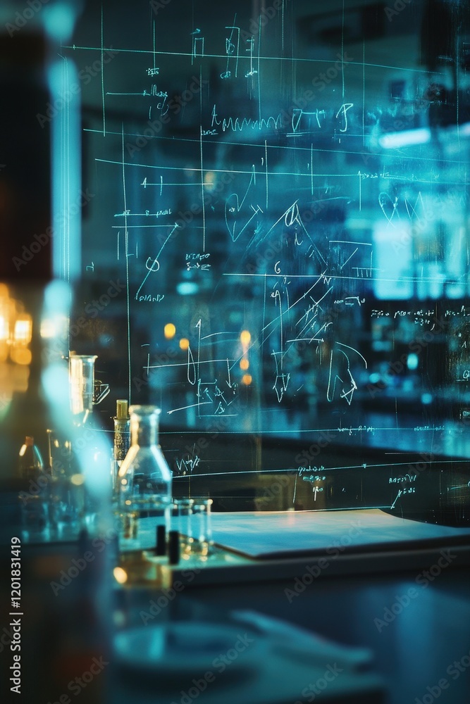 Aufkleber a dynamic shot of a laboratory setup with chemical equations and symbols written on a transparent gl