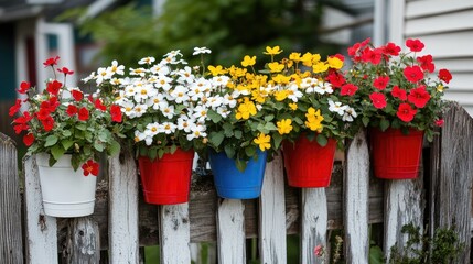 Fototapeta premium A vertical display of flowers in small pots attached to a wooden fence.