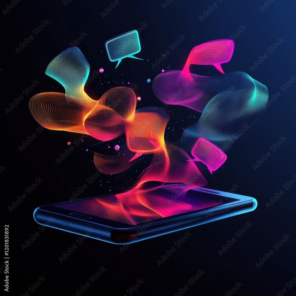 Poster colorful chat bubbles stream out from a smartphone in a vibrant digital interaction. generative ai