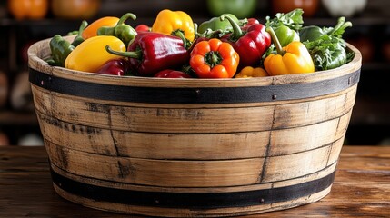Colorful bell peppers in wooden basket on table.  Farm market produce display. Food photography for recipe or market ads