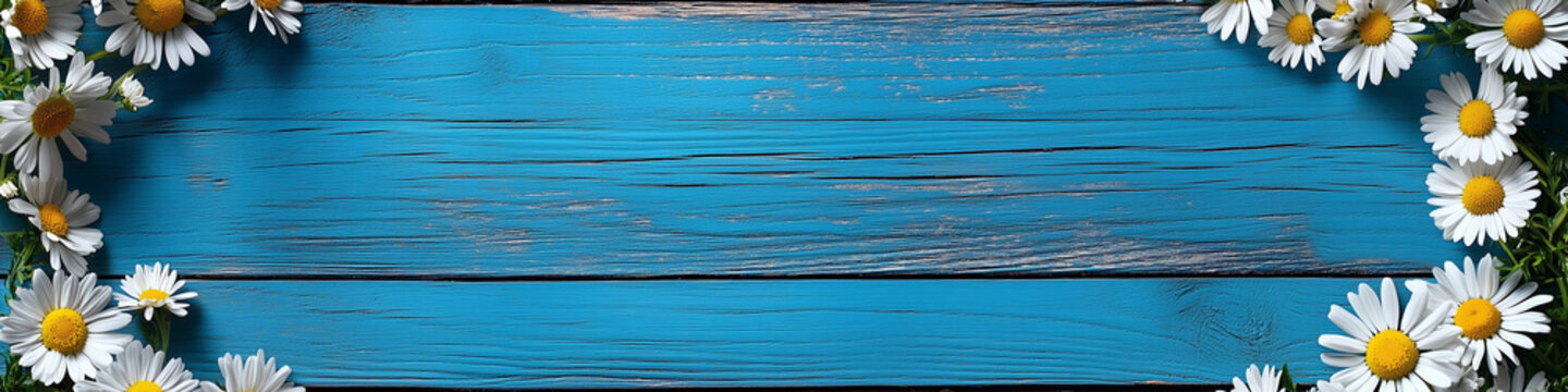 Daisey floral arrangement with a wood background painted blue and copy space
