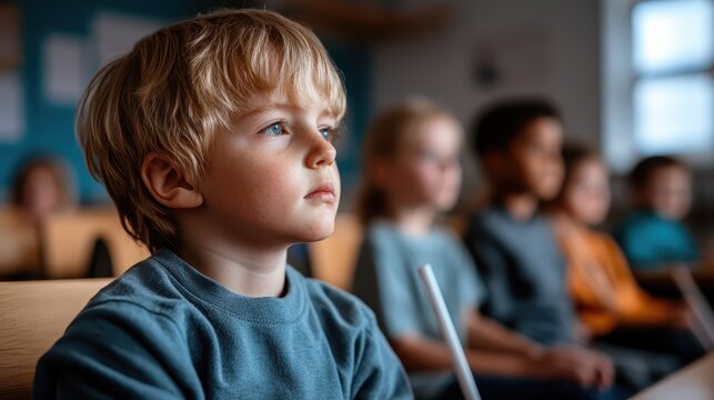 A young boy attentively listens in a classroom with other students, showcasing themes of concentration, learning, and teamwork, set against an educational backdrop.