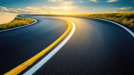 A winding country road with golden sunlight and a perfect blue sky above.
