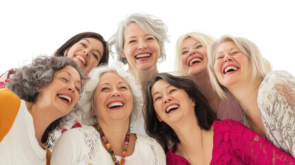 Obraz premium A joyful group of diverse women laughing together, showcasing friendship and happiness in a vibrant atmosphere, perfect for social and lifestyle themes.