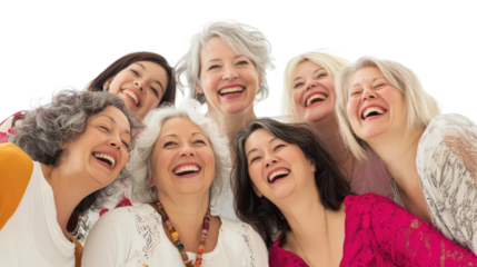 A joyful group of diverse women laughing together, showcasing friendship and happiness in a vibrant atmosphere, perfect for social and lifestyle themes.
