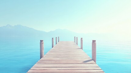 Obraz premium A wooden pier stretching into calm blue water under the warm summer sun.