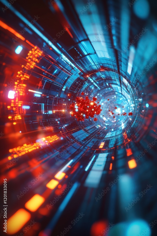 Poster a dynamic shot of a particle collider simulation with physics symbols like delta and lambda displaye