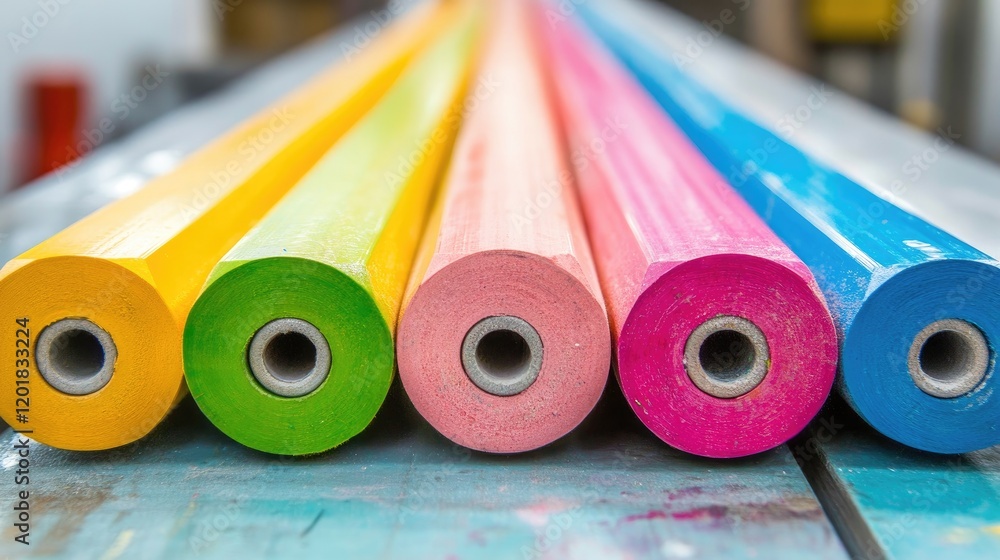 Poster brightly colored pencils stacked neatly in rows on a production line.