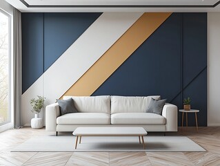 Fototapeta premium A modern minimalist interior design of a residential living room with blue, gray, brown panels to finish the walls and white sofas. Generative AI 