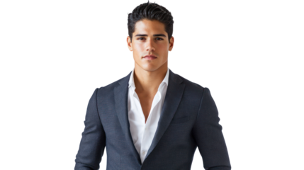 A confident young man in a tailored suit with a relaxed yet professional demeanor, perfect for business or lifestyle-related imagery.